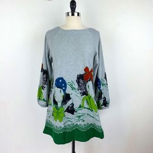 Womens Anime Girls Border Print Tunic Knit Dress Gray Green Black 3/4 Sleeves SM